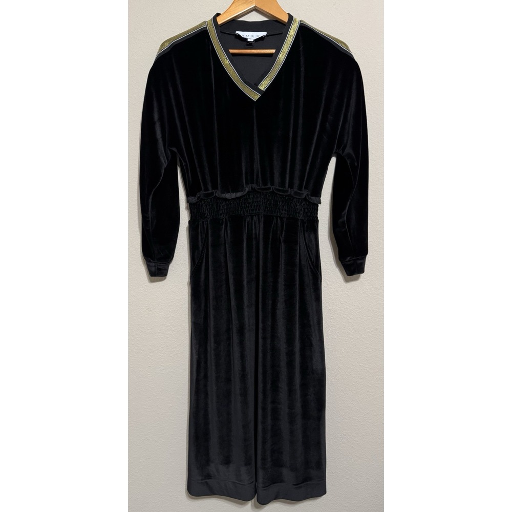 BURU Women's Dress L Black Velvet Midi‎ Drop Elastic Waist Gold Strip Y2K Style